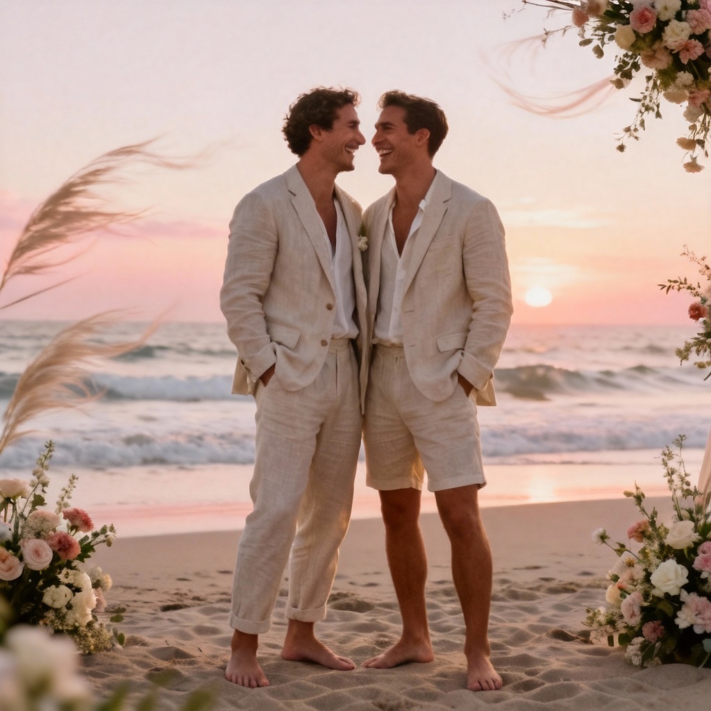AI gay wedding beach ceremony with two grooms