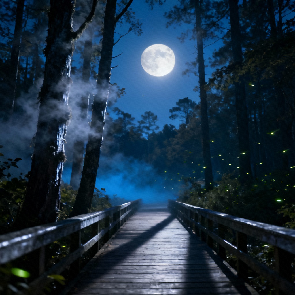AI moonlit forest boardwalk with mist