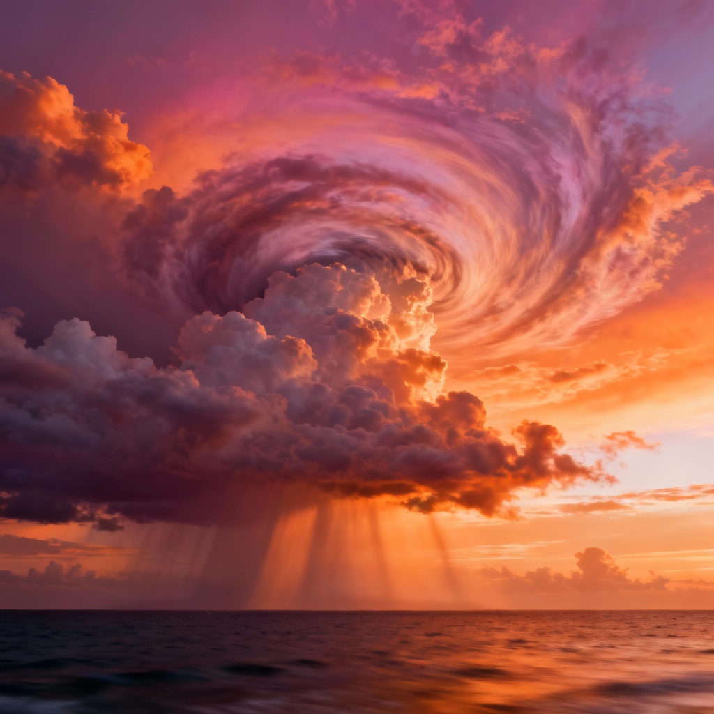 AI swirling clouds spiral at sunset over the ocean