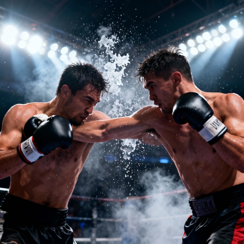 AI Thai boxing elbow strike under stadium lights