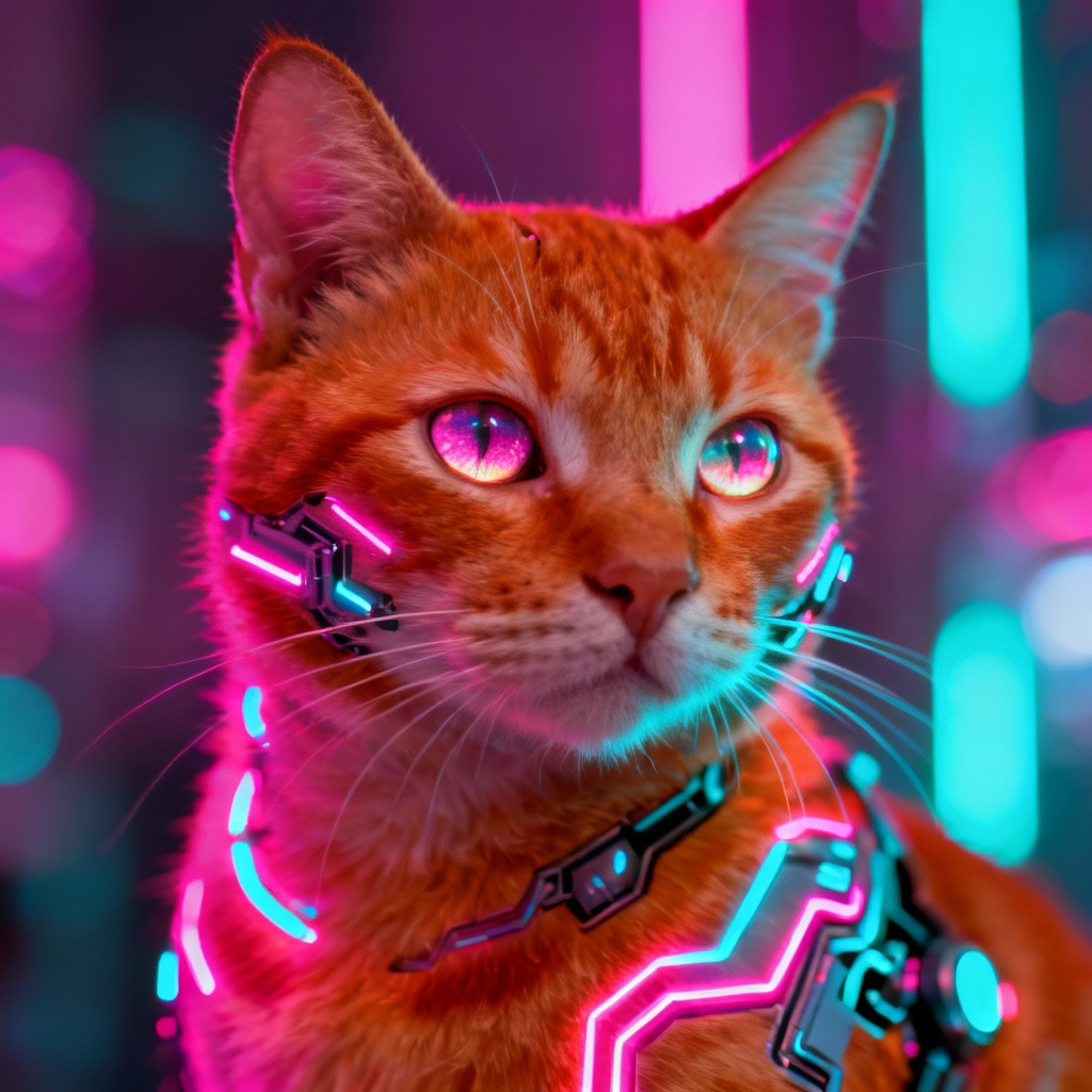 AI neon tabby cat with cyberpunk glow