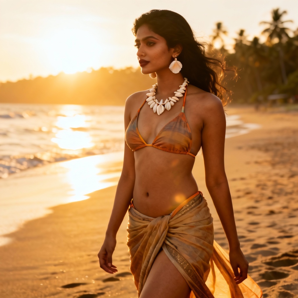 AI Indian bikini look at Goa beach during sunset