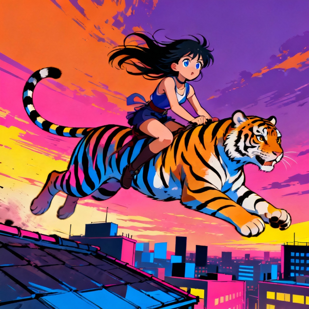 AI Anime girl riding a tiger on rooftops