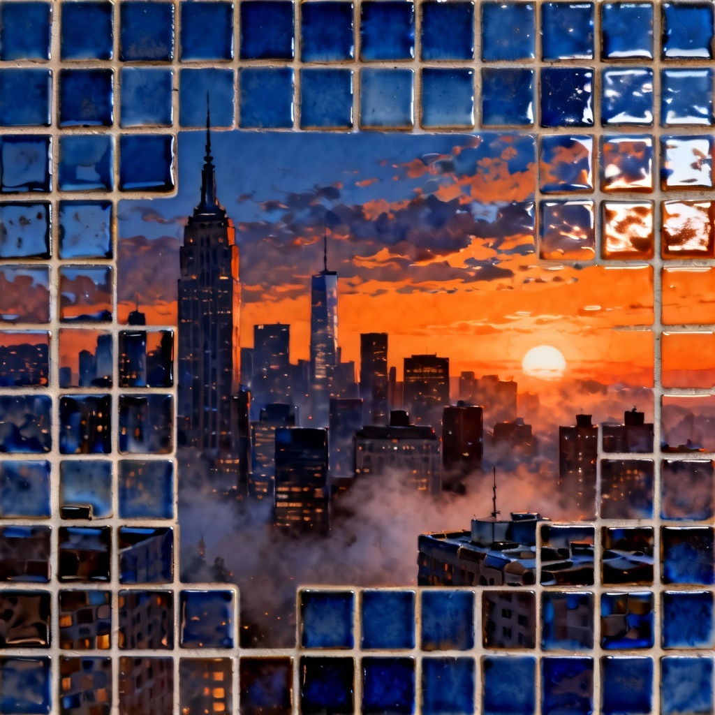Ceramic tile mosaic of an evening city skyline