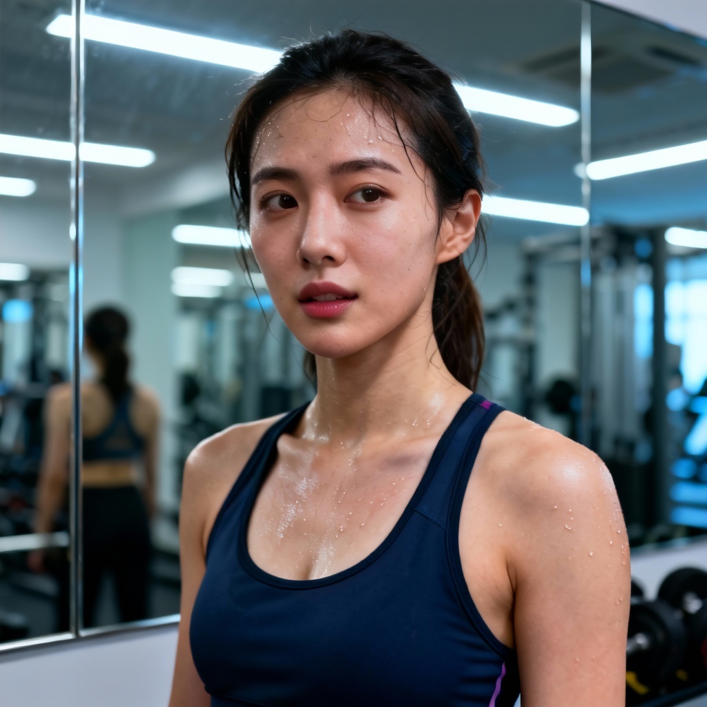 AI raw mirror selfie in a gym with cool lighting