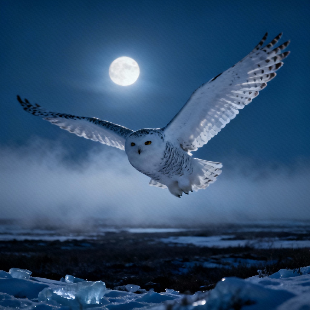 AI snowy owl flying at night over tundra