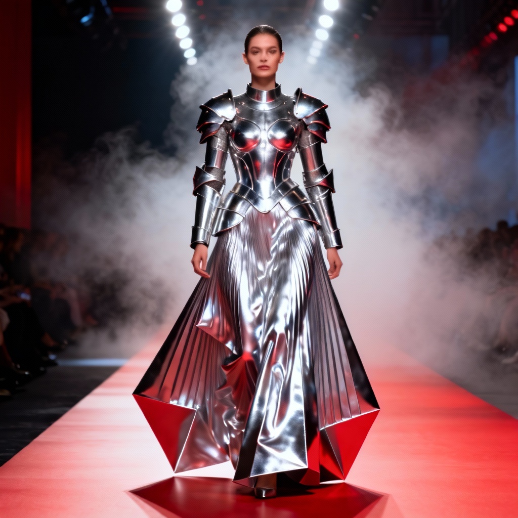 AI sculptural metallic armor gown with pleated skirt