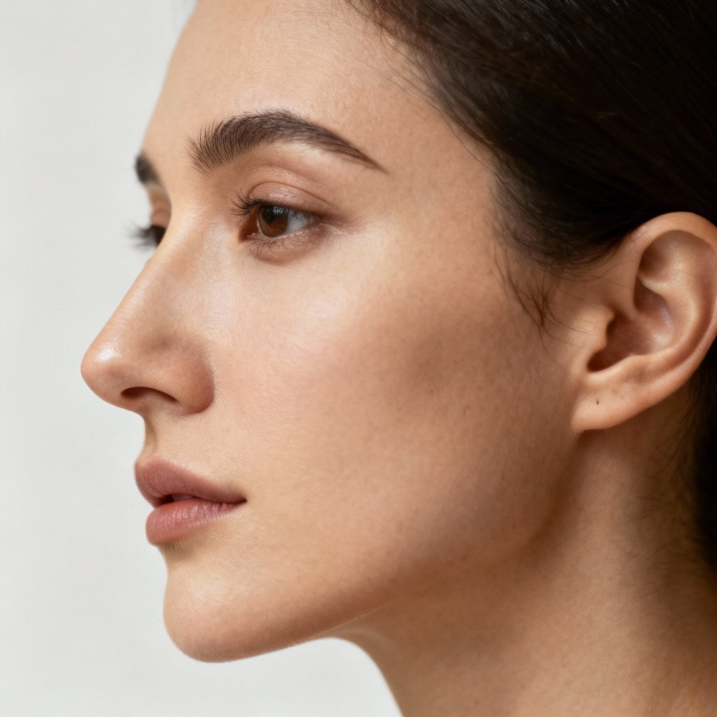 AI nose reshaping side profile result with refined bridge and tip