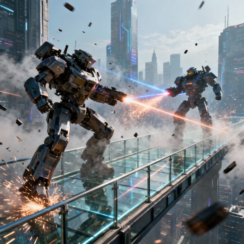 AI sci-fi mech battle on a skybridge with lasers and explosions