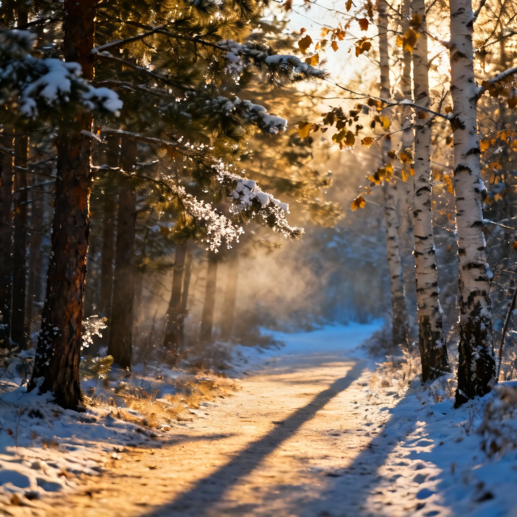 Forest trail with first snow, golden backlight and haze