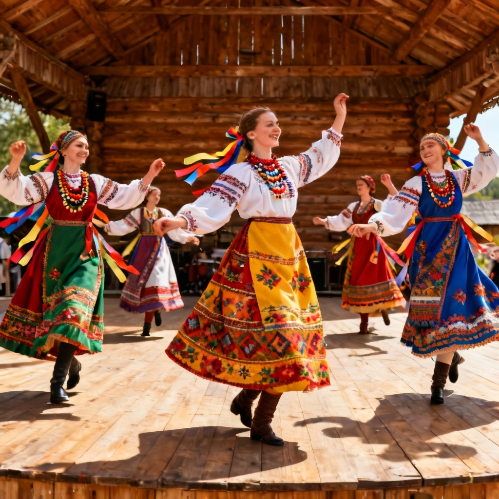 AI folk dance ensemble in colorful sarafans