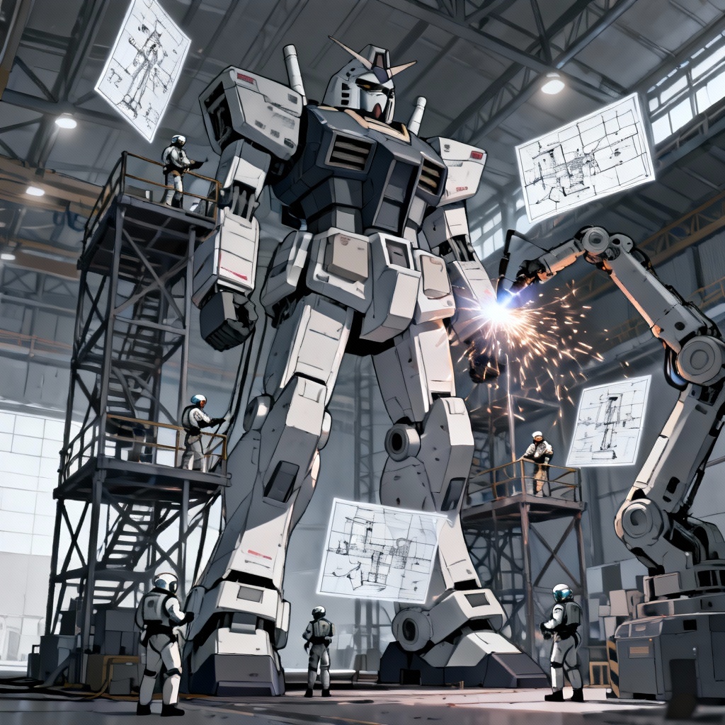AI Gundam-style mecha maintenance in a hangar