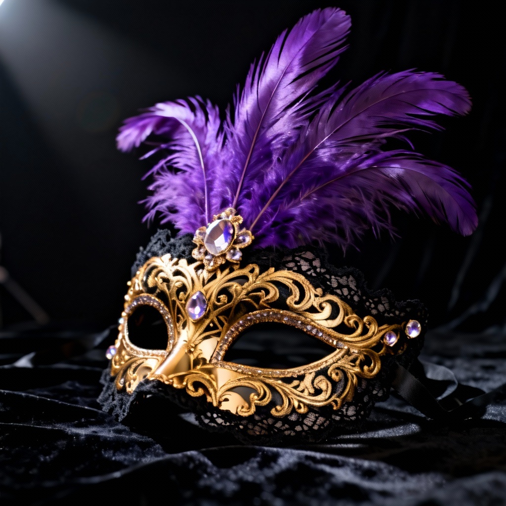 AI Venetian masquerade mask with gold filigree and feathers on black velvet