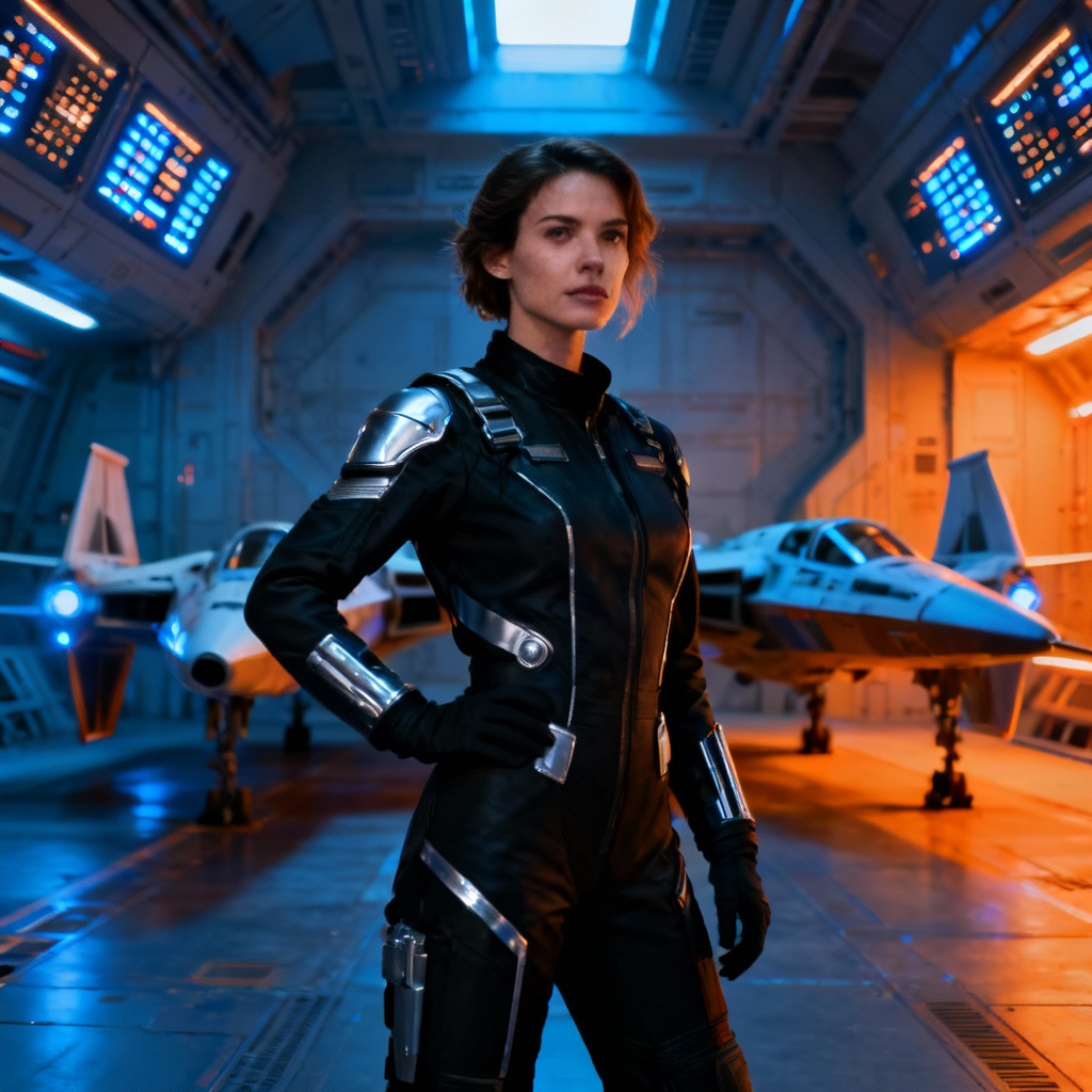 AI sci-fi pilot woman in starship hangar