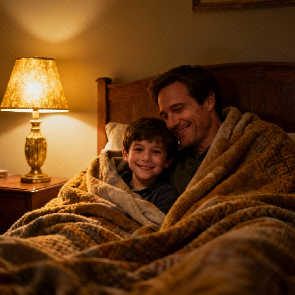 AI father and son reading a bedtime story with warm lamp light