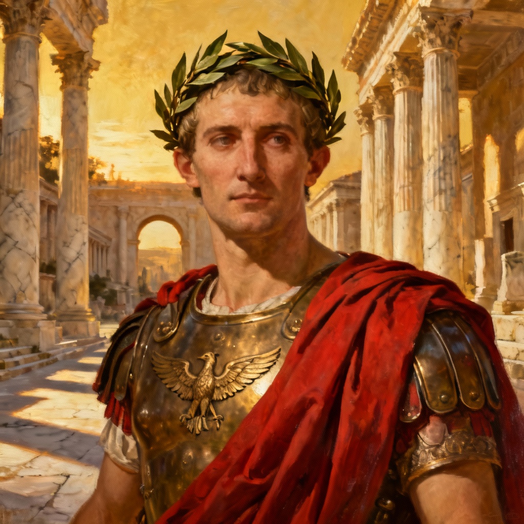 AI Roman emperor with laurel wreath and marble hall
