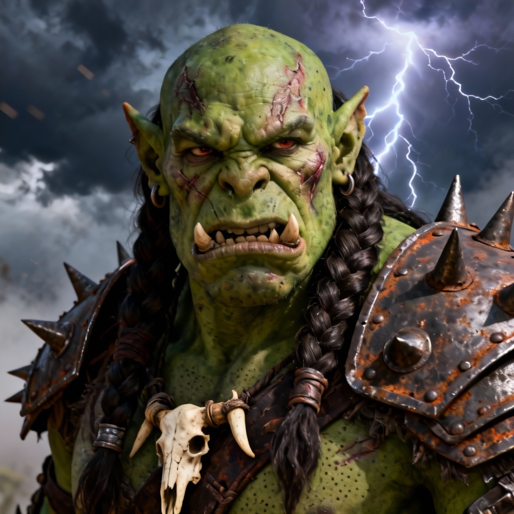 AI orc warlord with battle scars and bone trophies