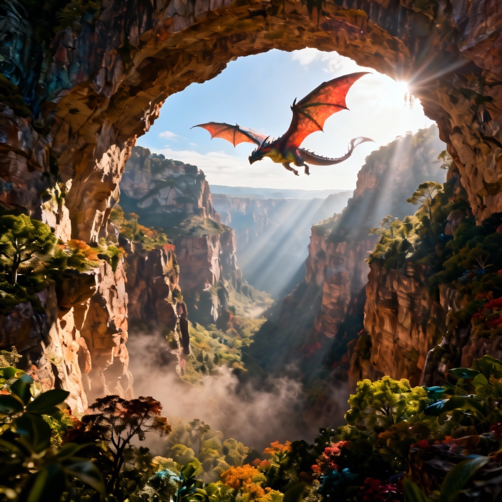 AI Fantasy Dragon Canyon Crane Shot