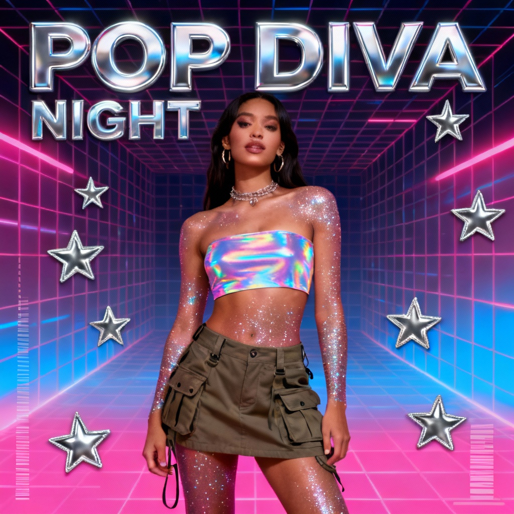 AI Y2K neon club poster featuring a pop diva