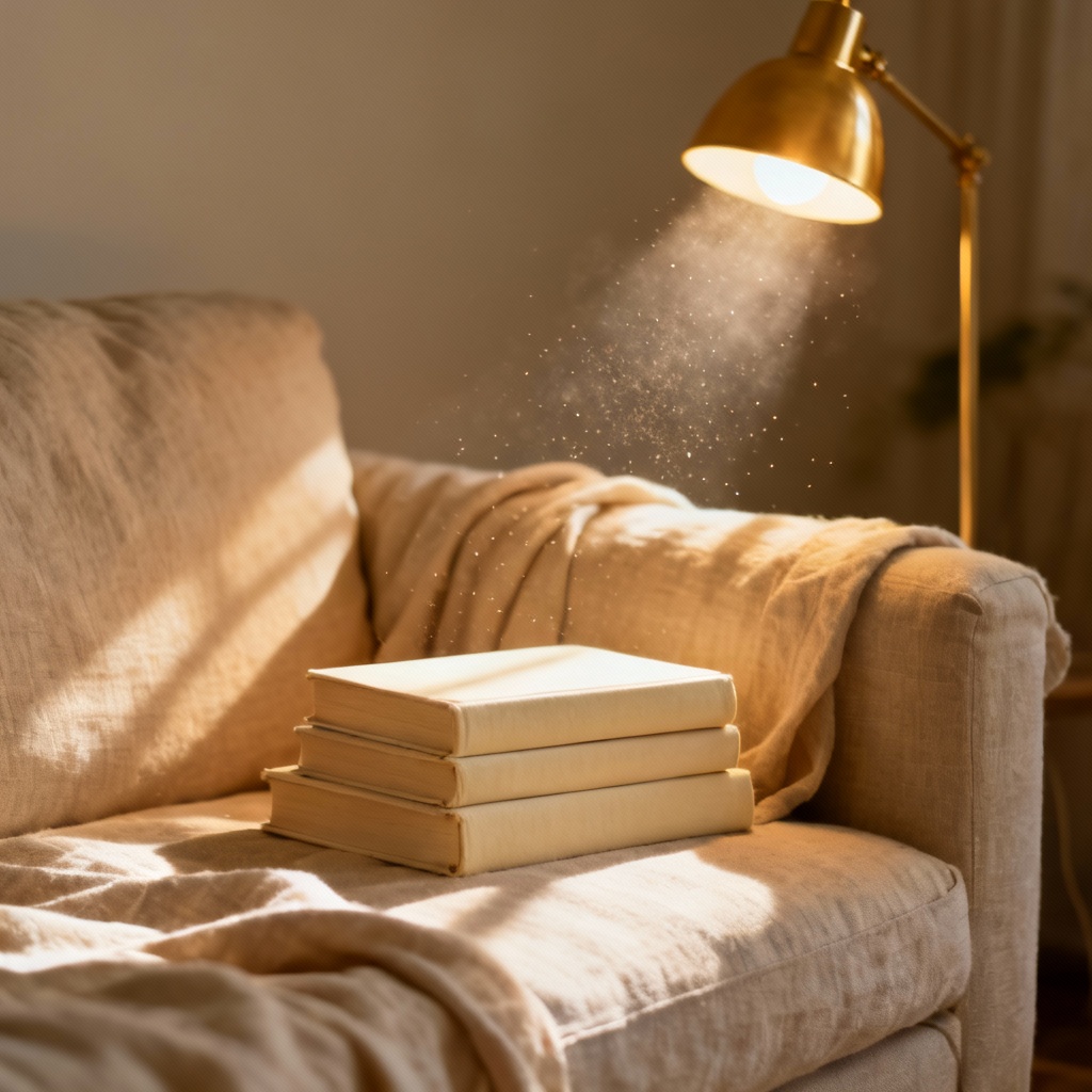 AI soft atmosphere cozy reading corner with warm light