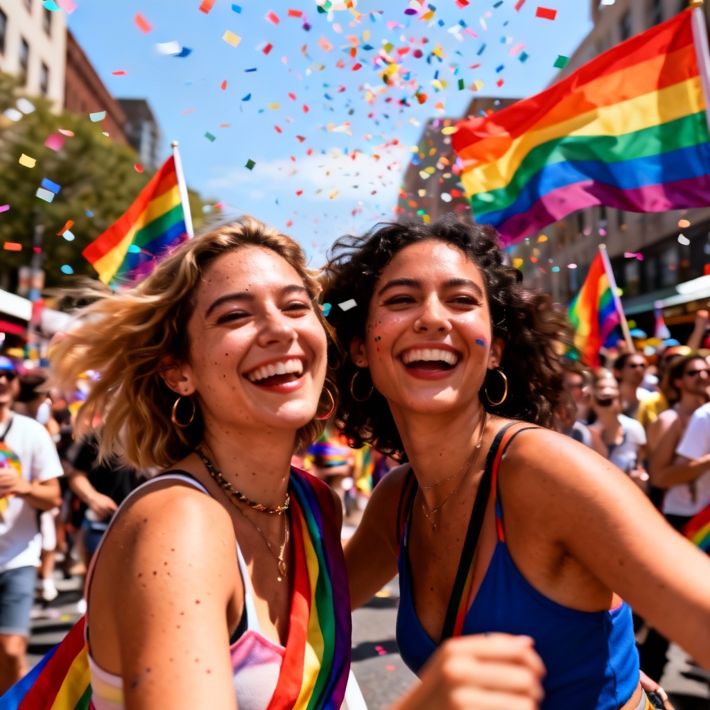 Pride parade portrait of lesbian couple with rainbow flags