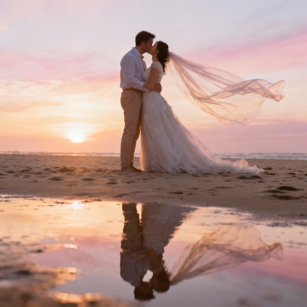 AI Beach Sunset Wedding Kiss
