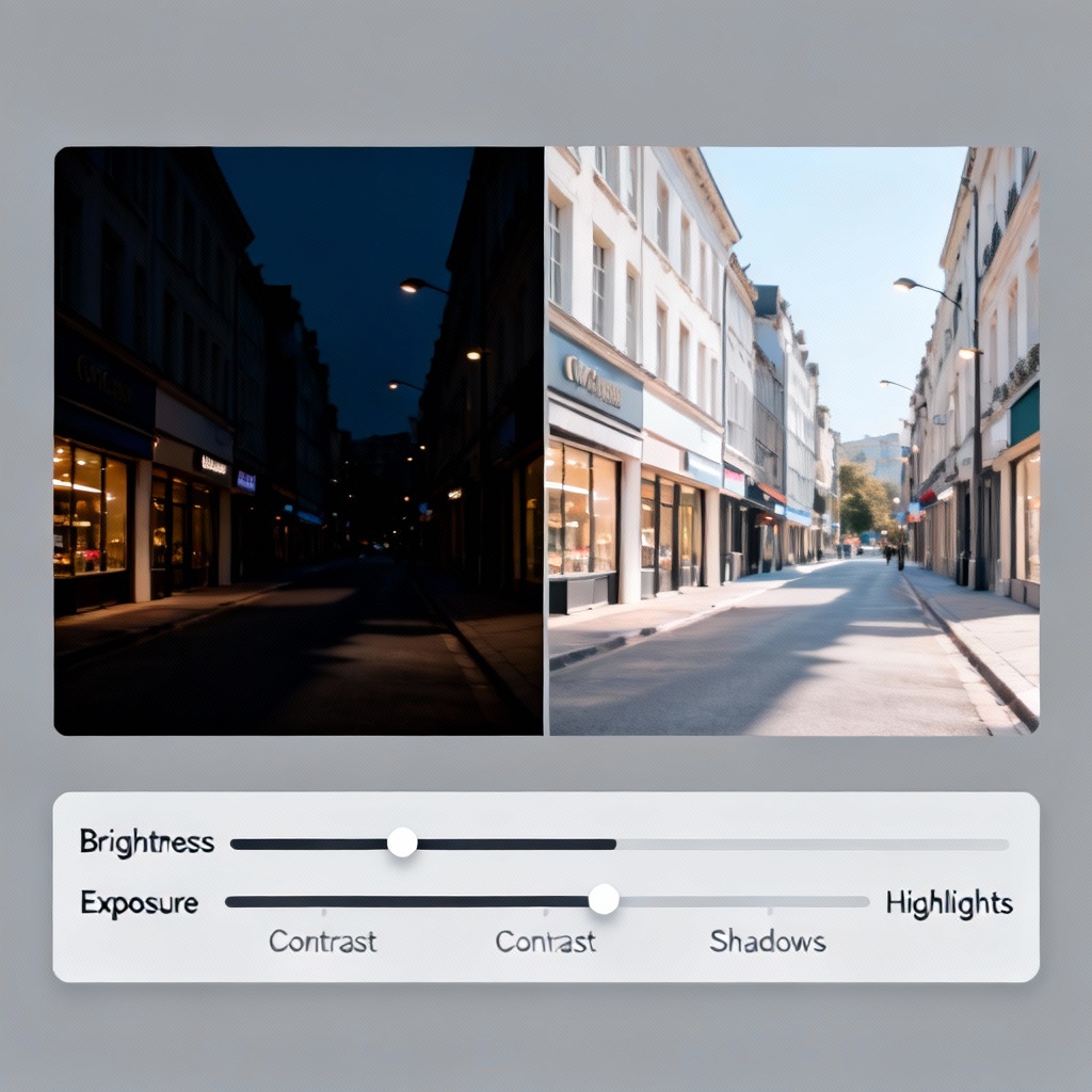 AI brightness generator before and after of a dark city street photo