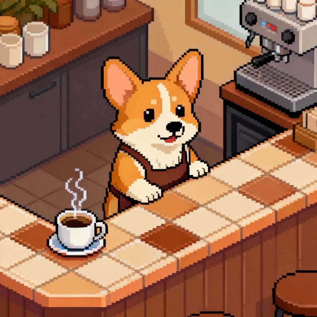 AI pixel art corgi puppy in a cafe