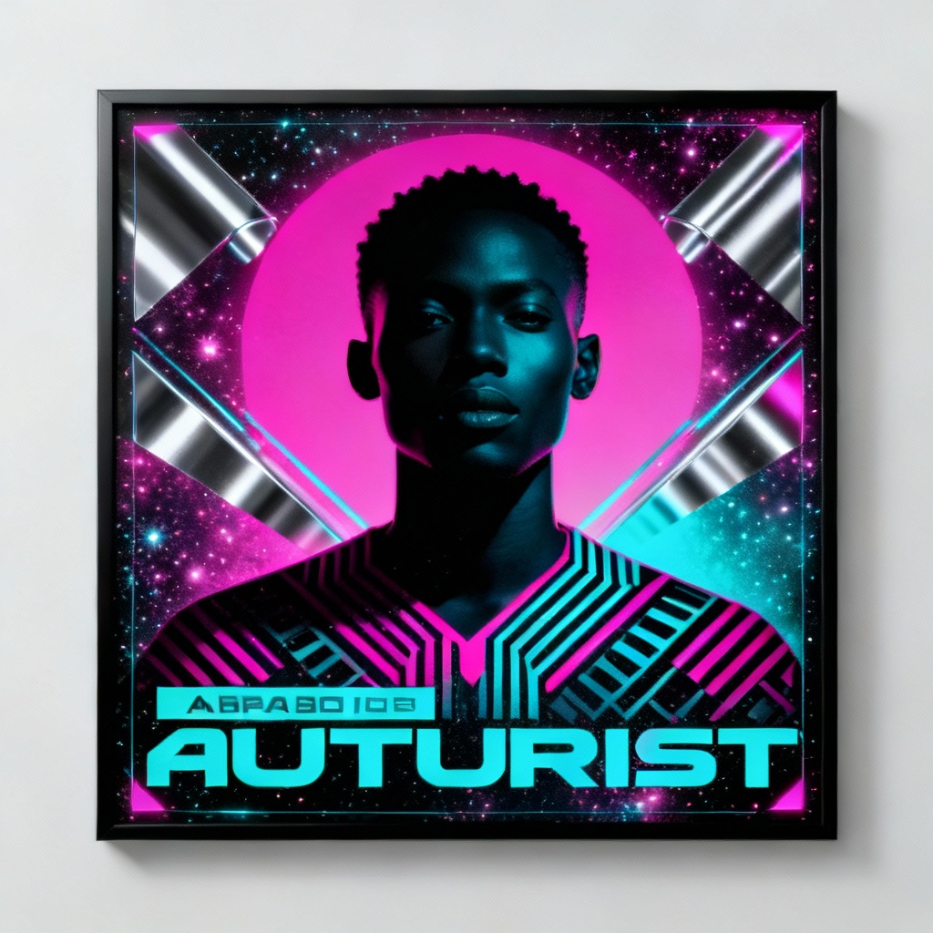 Afrofuturist album cover with bold geometric patterns and neon hues