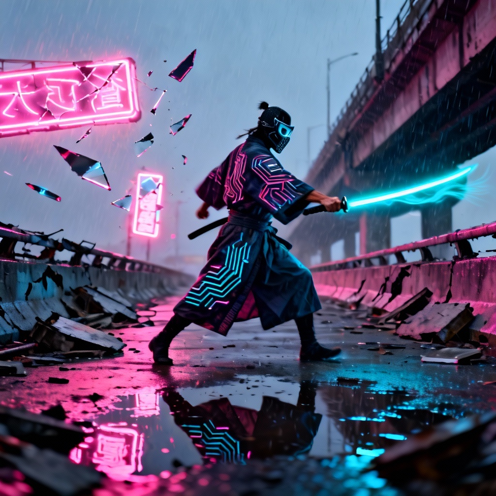 AI cyberpunk nomad warrior in rainy city ruins