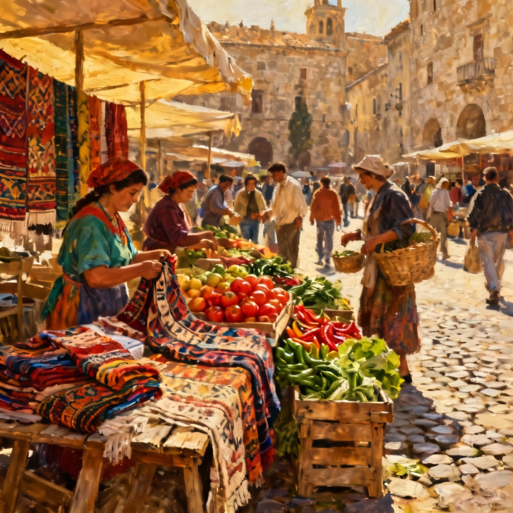 Bustling market crowd in a historic square