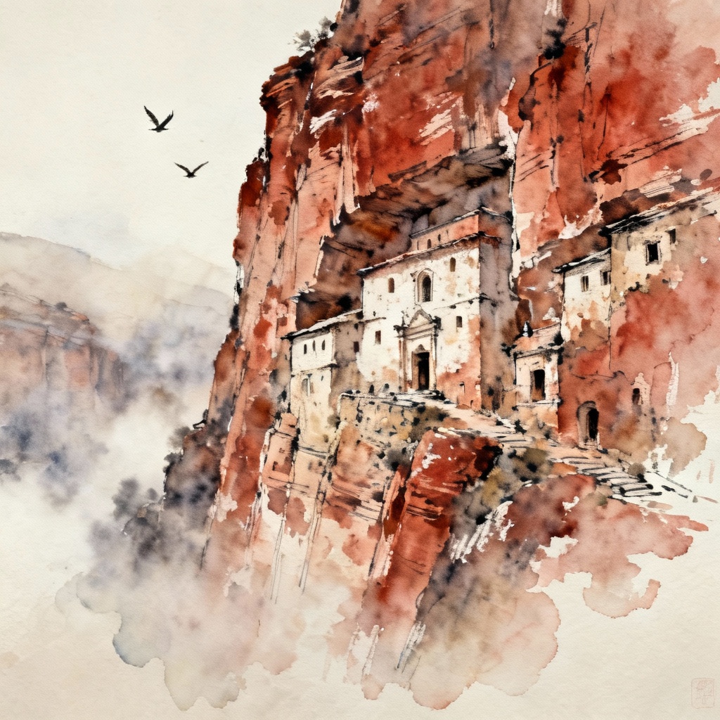 Watercolor painting of an ancient cliff monastery