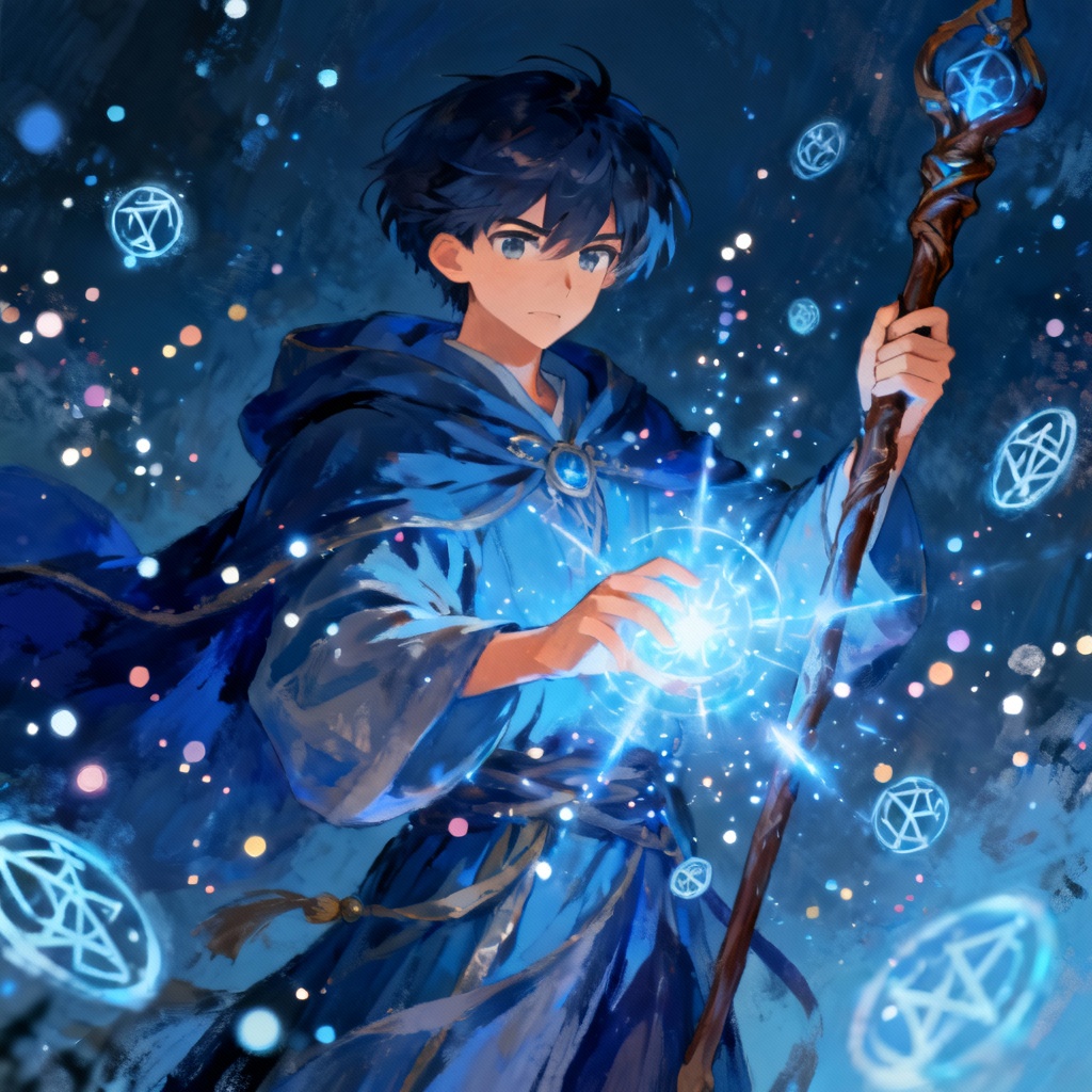 Fantasy mage casting light spell in SFW anime style