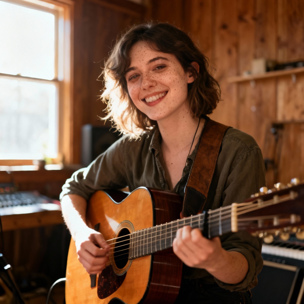 AI indie folk singer with acoustic guitar