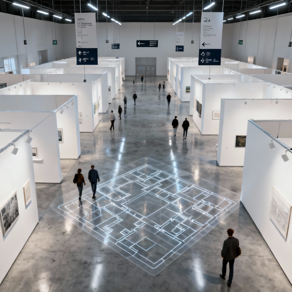 AI generated modern exhibition hall with booths, floor plan overlay, and lighting