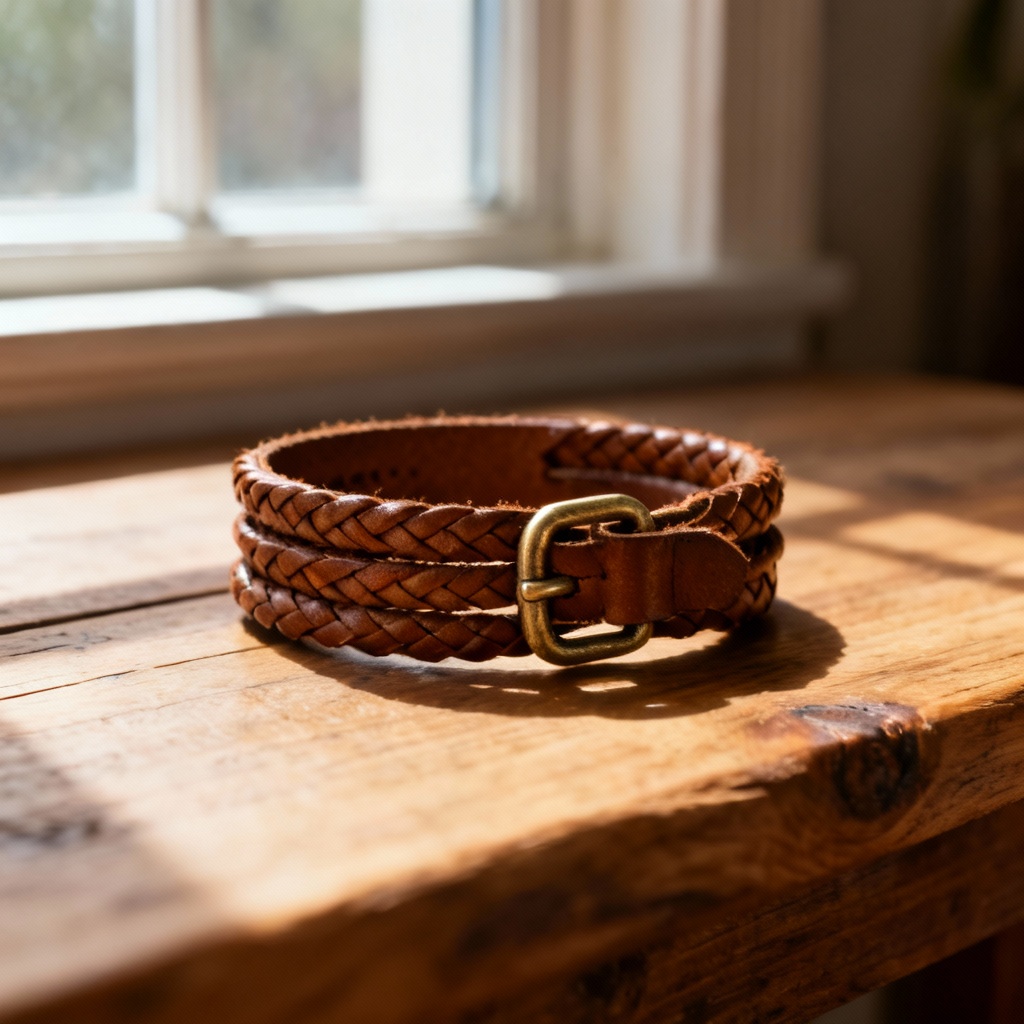 AI braided brown leather triple-wrap bracelet with brass snap