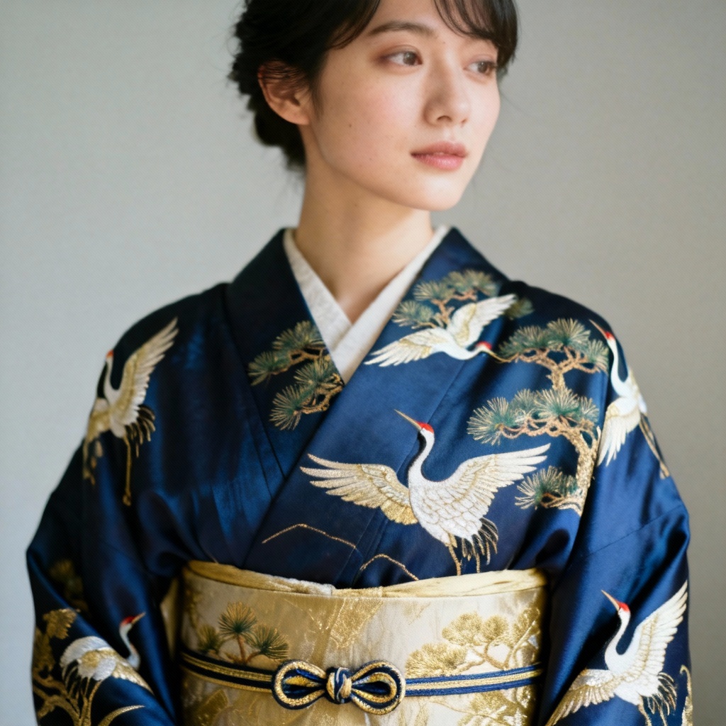 Elegant silk kimono with crane patterns and gold obi