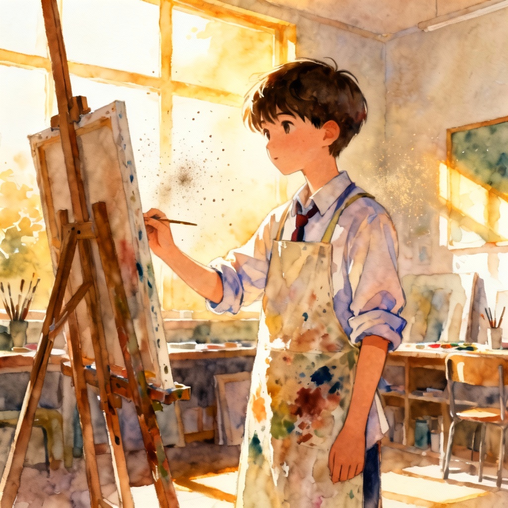 Art club schoolboy painting at an easel