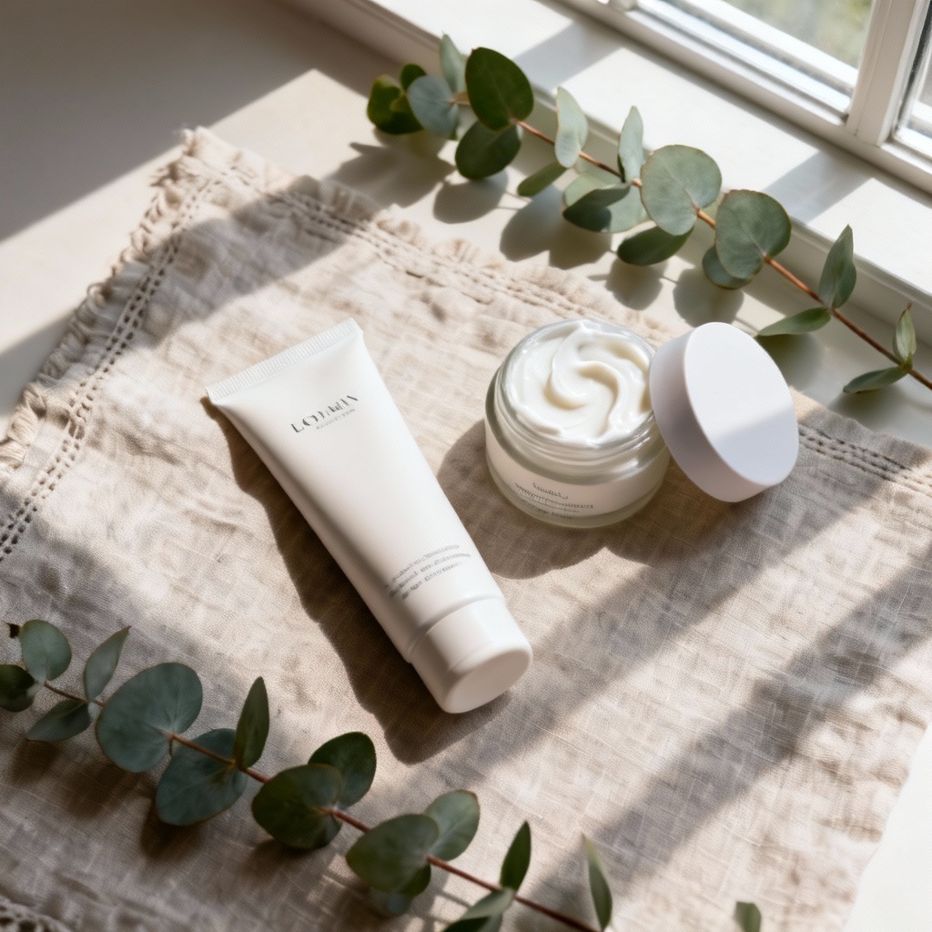 Hand cream tube and jar flatlay with cream smear