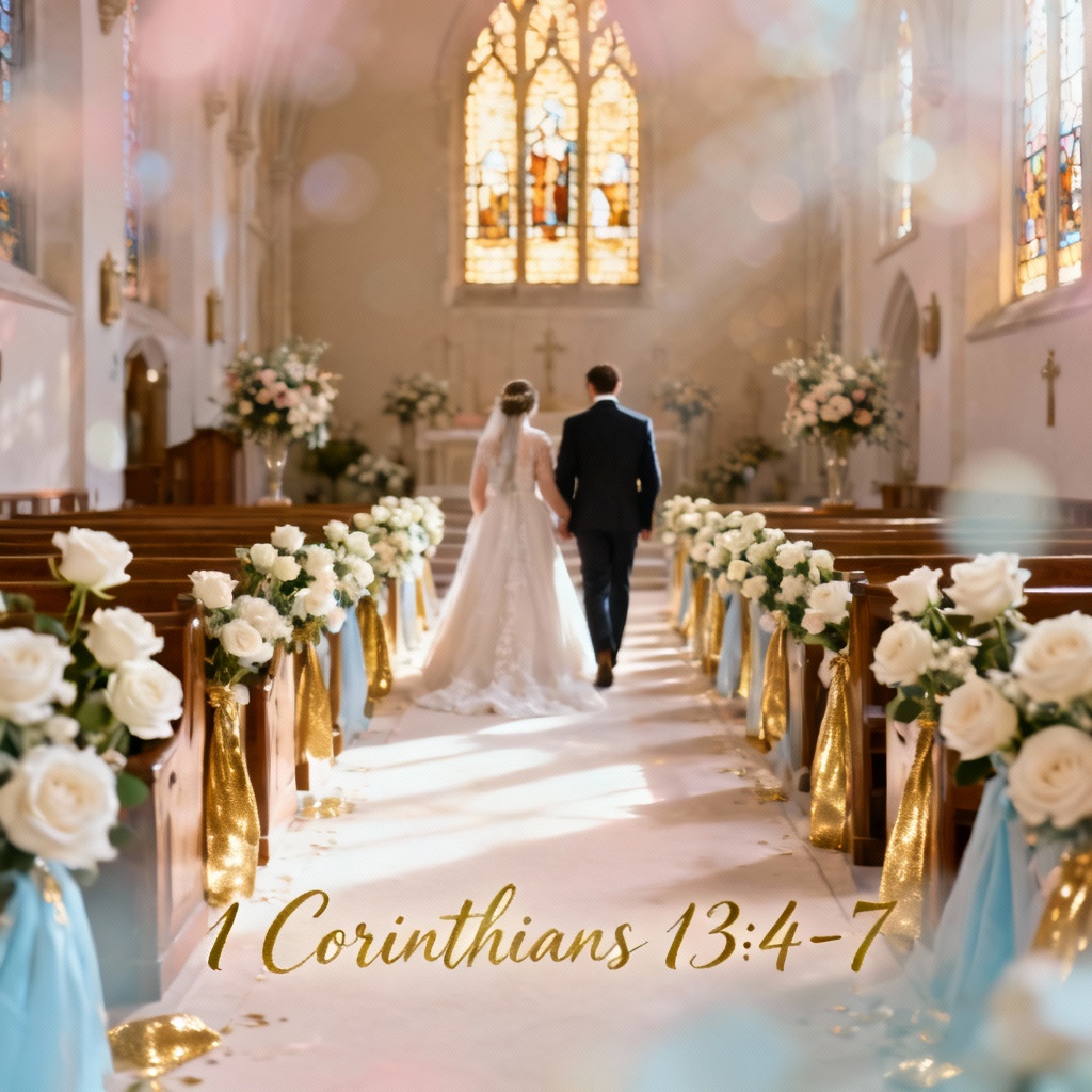 AI Christian wedding couple in church aisle with scripture overlay