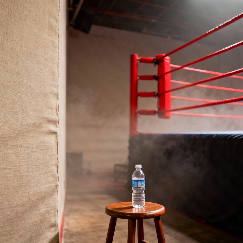 Low-angle ringside view from the red corner with stool and bottles