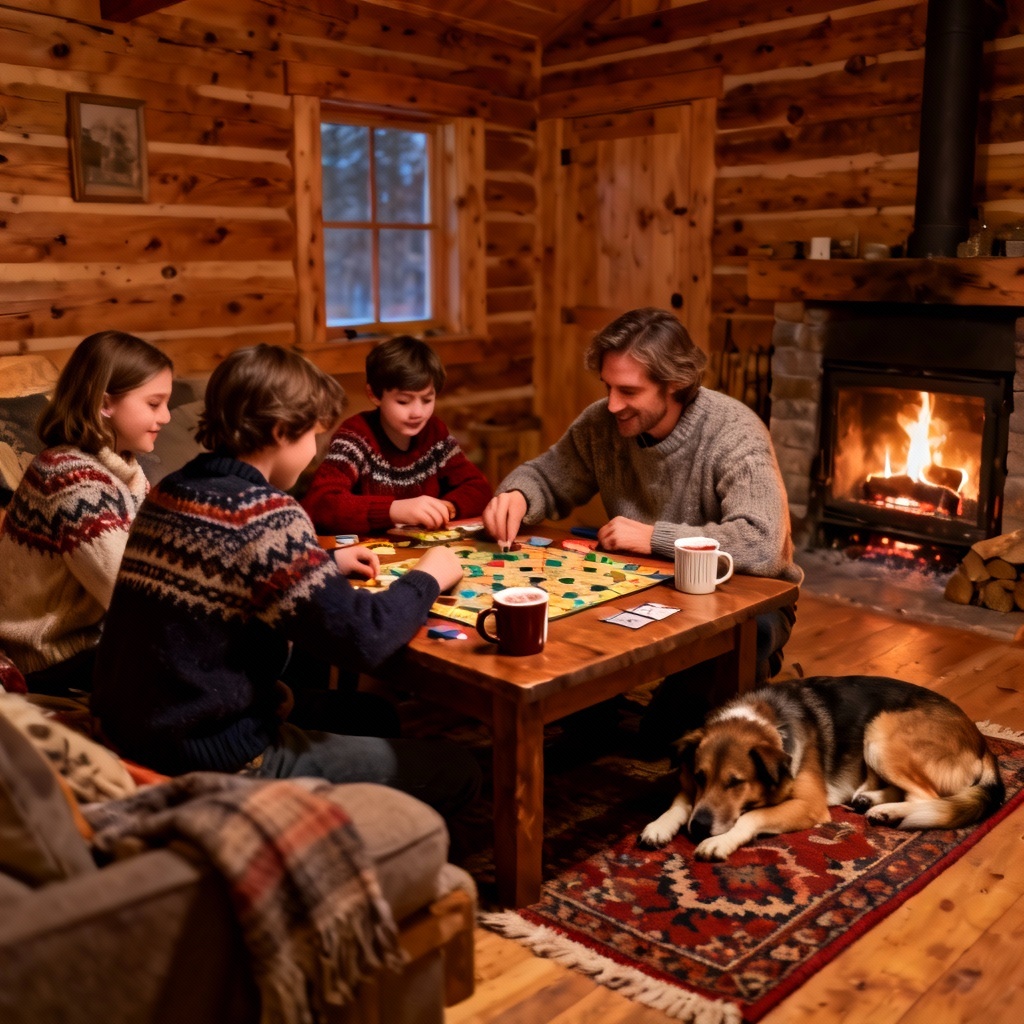 AI winter cabin family game night scene
