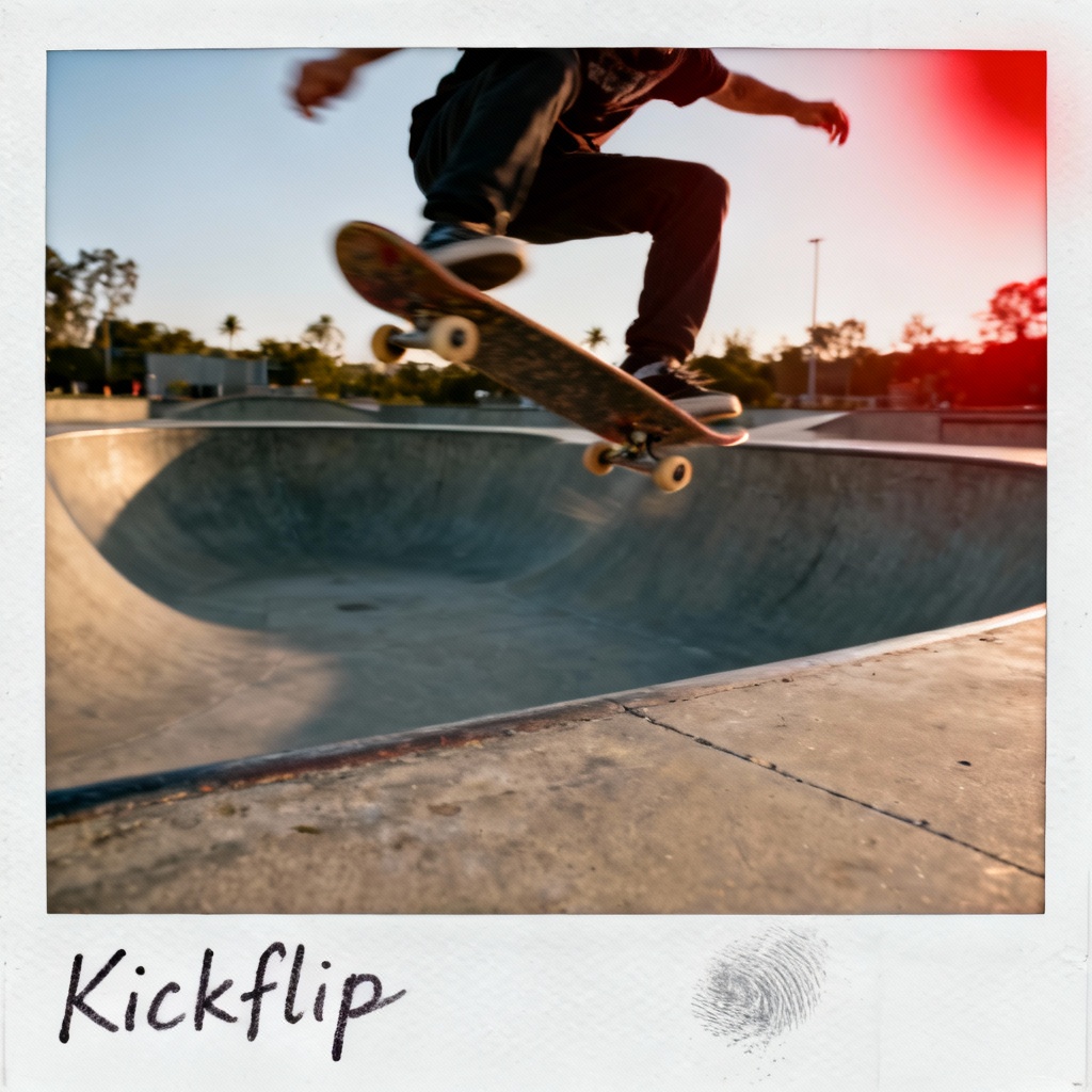AI polaroid of a skateboarder mid-air with light leak and film grain