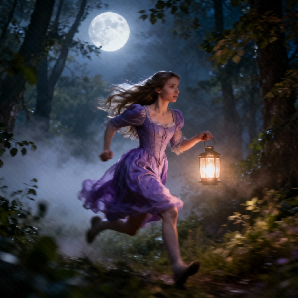 AI Rapunzel moonlit forest scene