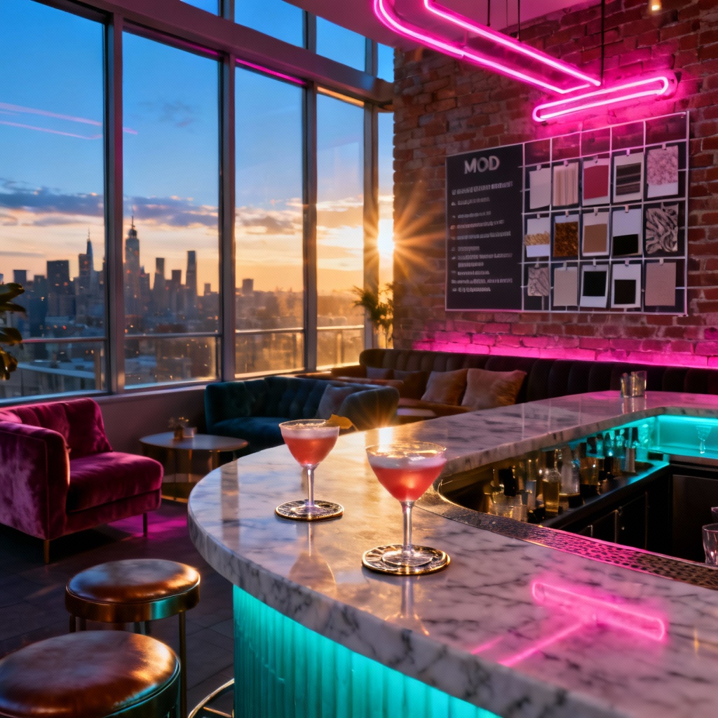 AI rooftop cocktail evening event concept with neon city lights