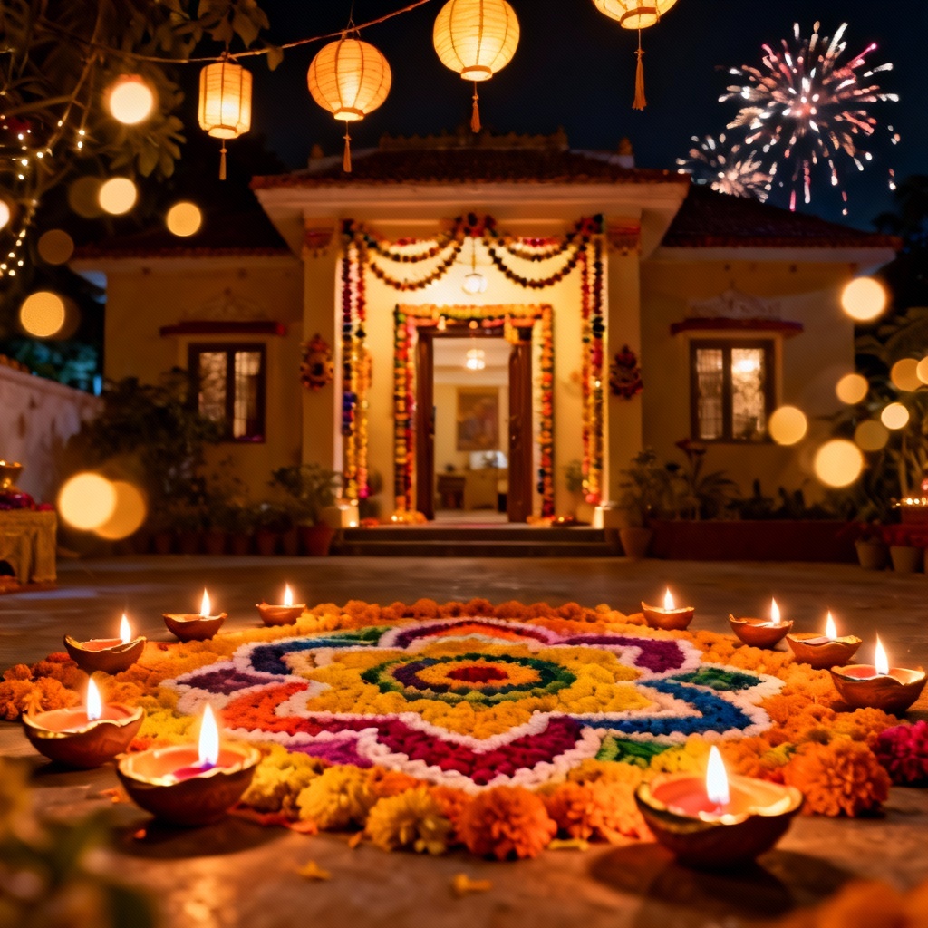 AI-generated Diwali rangoli with glowing diyas and marigold decor