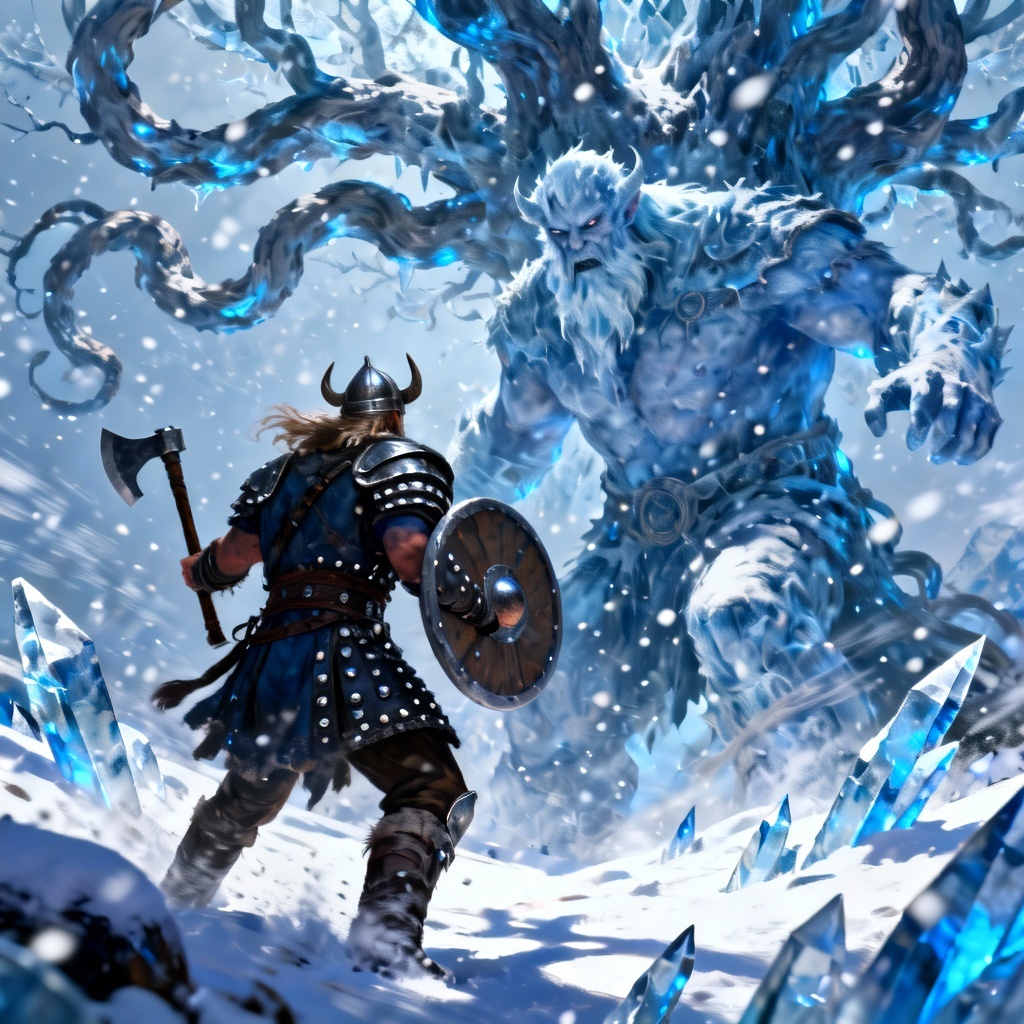 AI Viking hero battles a frost Jotunn near the world tree