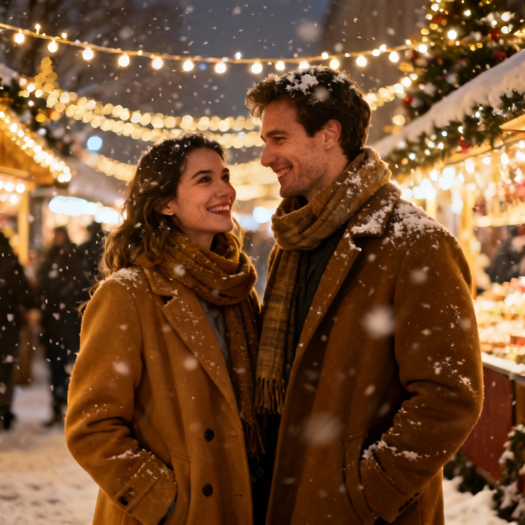 Photoreal couple under Christmas market lights