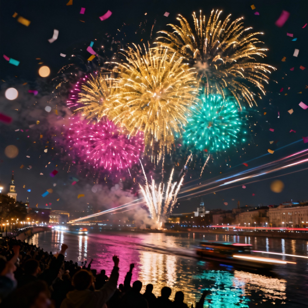 AI 2026 NYE fireworks over city skyline with crowd and confetti
