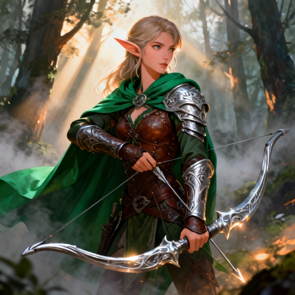 AI fantasy elf ranger avatar in a misty forest